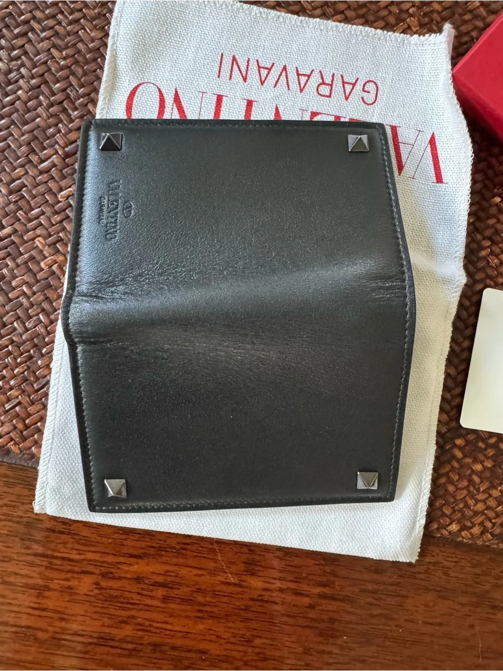 Valentino Garavani Black Leather Card & Key Holder with Silver Pyramid Studs